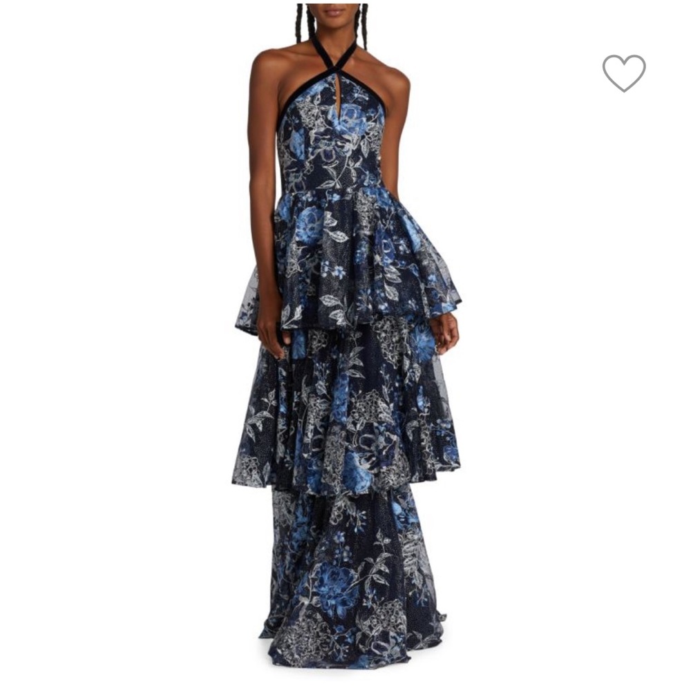 Marchesa Notte Embroidered Blue Halter Gown